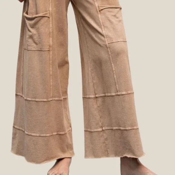 EASEL "Perfect Cargo" Terry Knit Mineral Washed Flared Leg Pants Raw Hem & Seams - Picture 14 of 15